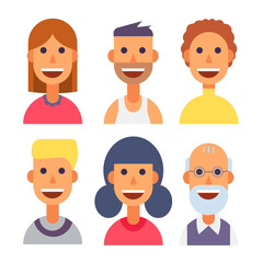 Set of vector avatars in flat style joyful men and women with clothes and hairstyle.