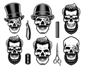 Set of vintage barber skulls with elements for design