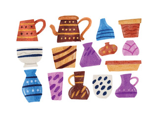 Collection of Clay Pottery Vase Watercolor Illustration