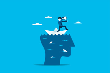 Businessman looks through a telescope standing on paper boat. Leadership vision concept