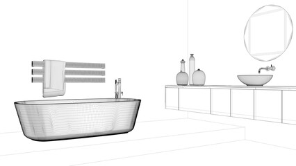 Blueprint project draft, showcase bathroom interior design, freestanding bathtub and wash basing. Round mirrors, faucets, modern carpet, floor lamp, tables. Minimalist project idea