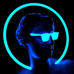 Obraz premium 3D illustration of a Venus Goddess with a sunglasses and neon halo around the head.