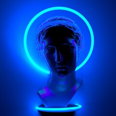 3D illustration of a Greek Goddess with a neon halo around the head.