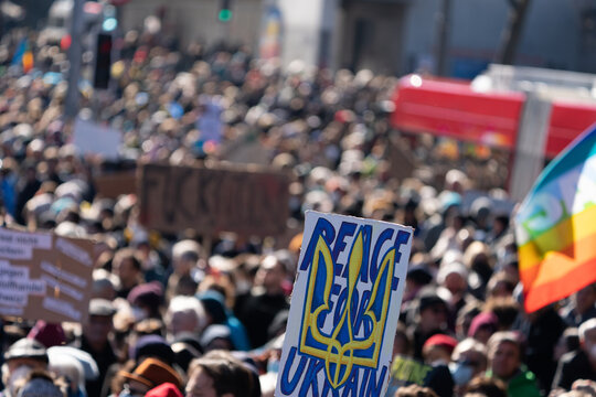 Up to 20’000 People with banners at Bern protesting Russian Aggression in Ukraine. Bern, Switzerland - 02.26.2022