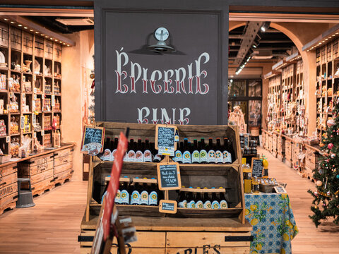 Menton, France - December 6, 2021: Epicerie fine store is selling traditional mediterranean local food products