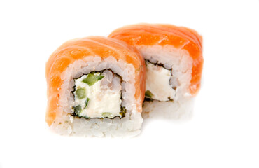 Sushi with salmon and cucumber on a white background.