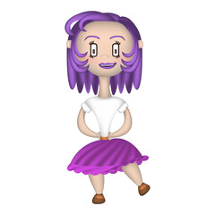 Cute 3D character in vector. Purple hair and a playful look. Girl in a fluffy skirt. A trendy image, a corporate character that customers will like.