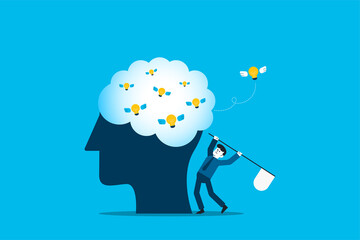 Businessman is trying to catch a flying light bulb with a scoop-net. Search for ideas