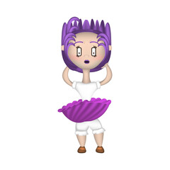 Cute 3D character in vector. Purple hair and a scared look. A girl in a fluffy skirt that is pulled up and pantaloons are visible.