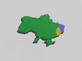 3D Illustration ,Green Ukraine map 3D  on a white background , Yellow on Donetsk  and blue Luhansk