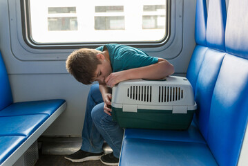 A teenager rides a train with pet carrier