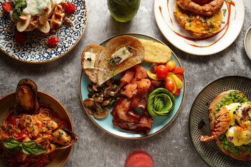 Close up of big breakfast dish on table