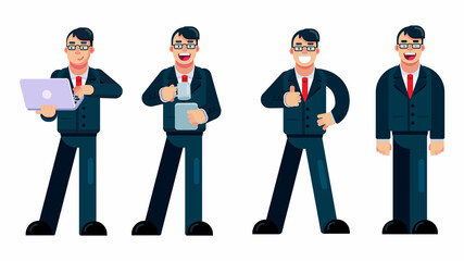 Character Businessman with different poses, working and presenting process gestures, actions and poses. Vector cartoon character design set.