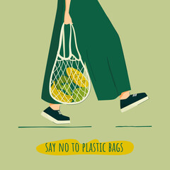 Girl is holding an eco bag with groceries in her hands. Title in the illustration: Say no to plastic bags. EPS 10 + JPG.
