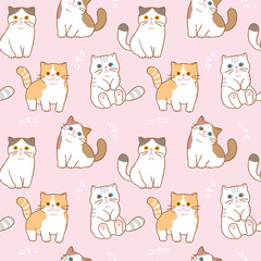 Seamless Pattern of Cute Cartoon Cat Design on Pink Background