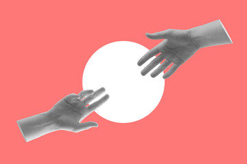 Two hands reach out to each other. Digital collage modern art.