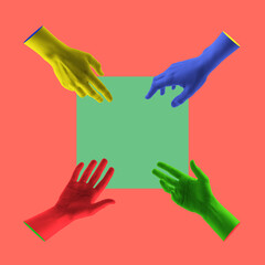 Hands of different colors take something. Digital collage modern art.