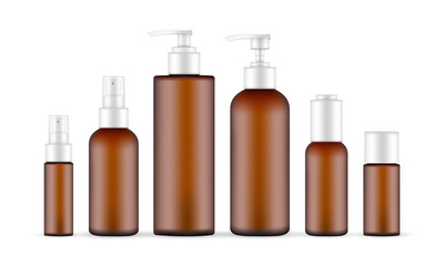 Plastic Amber Cosmetic Bottles Set, Pump, Spray, Various Sizes, Isolated on White Background. Vector Illustration