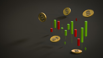 Gold-plated coins with a dollar symbol and a stylized candlestick chart on a gray background. The concept of the financial market, forex, investment. Copy space. 3D rendering
