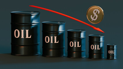 Gold-plated dollar symbol with a red down arrow and above the bar chart from barrels labeled 