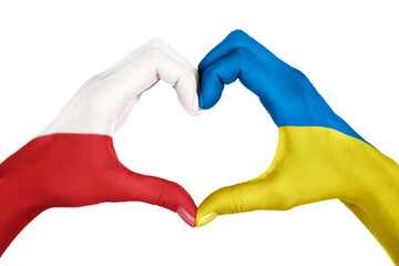 Human hands, painted in the Poland and Ukraine flags,  forming heart shape isolated on white...