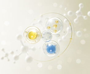 Cosmetic Essence Liquid with molecule inside Bubble, cosmetic product advertising background, 3d rendering.
