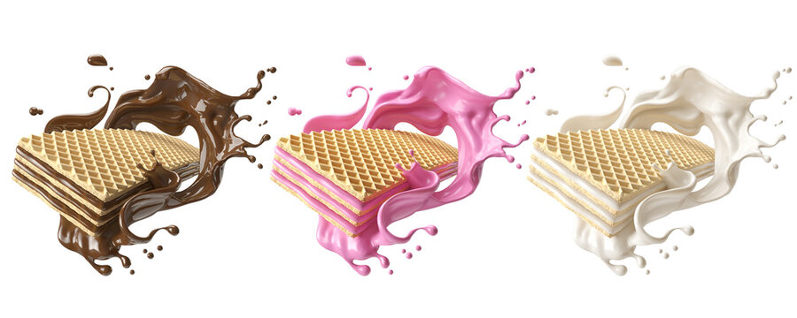 Crispy cookie Chocolate wafer Flavor with Milk cream splash on white background, 3d illustration.
