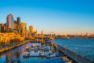 Seattle,Washington,usa.  10-03-17 : seattle skyline in waterfront area at sunset.