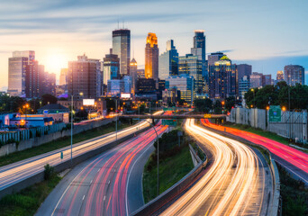 Plakat minneapolis,mn,usa. 8-4-17: Minneapolis skyline with traffic light at night.