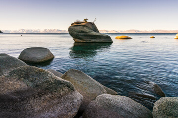whale rock  at sunrise in lake Tahoe Nevada,usa.