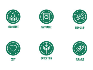 absorbent, washable, non-slip, cozy, extra thin, durable icon set vector illustration 