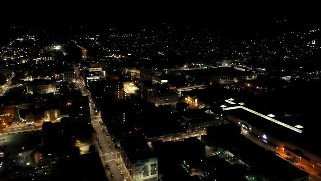 Scranton at Night, Pennsylvania, Aerial Flying, Downtown, City Lights