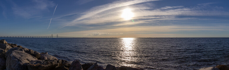 Panoramic view of the sea Öresund and the Öresund bridge on a summer evening