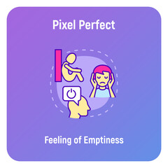 Feeling of emptiness concept with thin line icons, working fatigue, loneliness, tired man, low battery. Depression symptoms. Vector illustration.