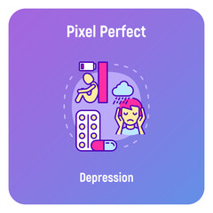 Depression concept with thin line icons, working fatigue, loneliness, scared man. Mental disease. Vector illustration.