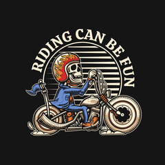 Skeleton riding classic motorcycle. riding can be fun. vector art design