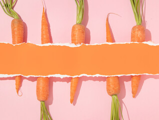 Spring creative layout with carrots and bright orange torn paper on pastel pink background. 80s,...