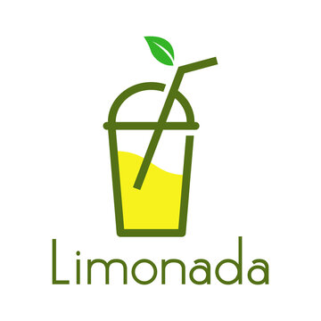 Logo Juice bar. Banner con texto Limonada en español con taza de papel con tapadera, hojas y líquido con líneas en color amarillo y verde