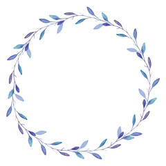Wreath of small leaves and stems blue-purple. Natural frame painted in watercolor, isolated on white background for your design.