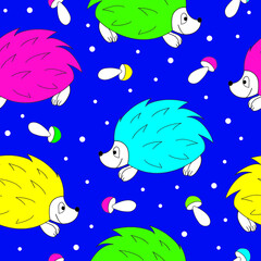 Cartoon doodle hedgehog and mushrooms seamless pattern. Vector illustration.