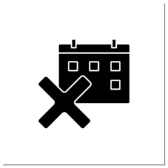 Changes in calendar glyph icon. Task schedule. Canceled procedures. Canceled work days. Deadlines.Reject concept. Filled flat sign. Isolated silhouette vector illustration