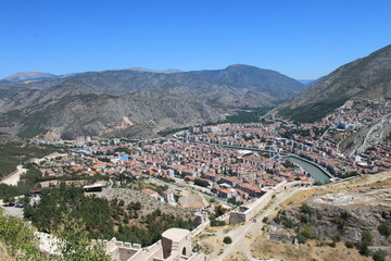 Fototapeta na wymiar Panoramic view of Amasya city , Turkey. View of the city from the top.
