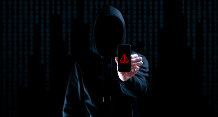 Cyber security hacker smartphone. Internet web hack technology. Digital mobile phone in hacker man...