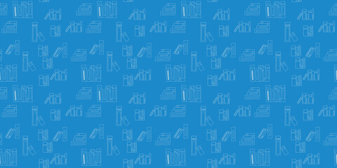 Vector seamless pattern. Doodle Many icons of books scattered Background for education elearning school concept. Pile of paper books, open book, book on computer screen, ebooks, glasses, heart