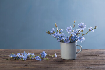 chicory flowers in old vintage cup on blue background