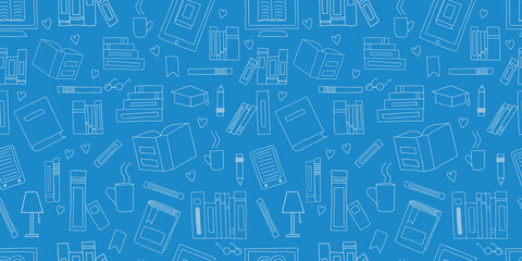 Vector seamless pattern. Doodle Many icons of books scattered Background for education elearning school concept. Pile of paper books, open book, book on computer screen, ebooks, glasses, heart