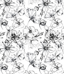 Seamless monochrome background of poppy flowers, illustration for design