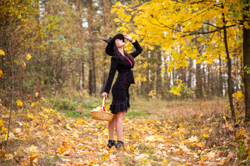 witch woman in black cloak with basket in hands at autumn forest. side view