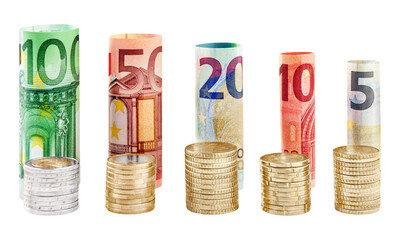 Euro Geldscheine und Münzen auf weissem Hintergrund