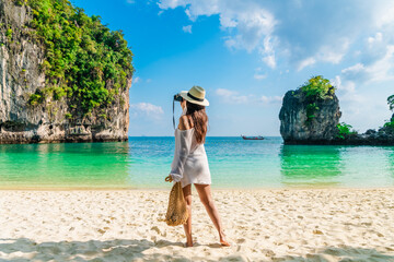 Traveler woman with camera on vacation beach joy nature view scenic landscape Ko Hong island Krabi, Attraction famous place tourist travel Phuket Thailand summer holiday, Beautiful destination Asia